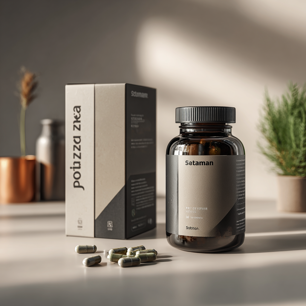 Естествена хранителна добавка в капсули върху дървена маса в реалистичен стил, заобиколена от естествени билки и зеленина